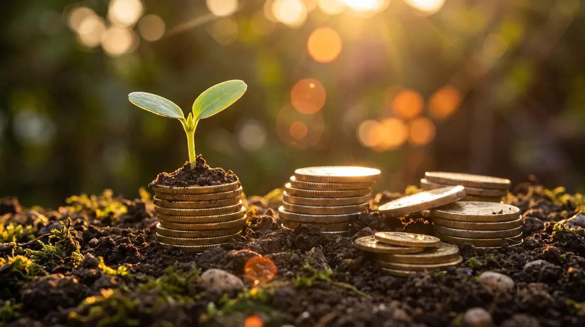 Plantă verde crescând dintr-un teanc de monede, la apus
